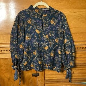 Addie‎ Cottagecore Boho Floral Mock Neck Keyhole Blouse Tie Cuff Dark Academia